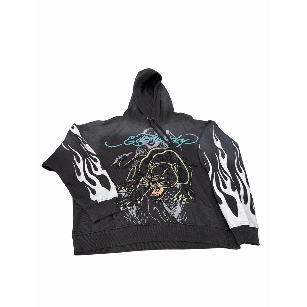 Ed Hardy  Men's Panther Rhinestone Sunfade Grey Hoodie Flame XXL NWT